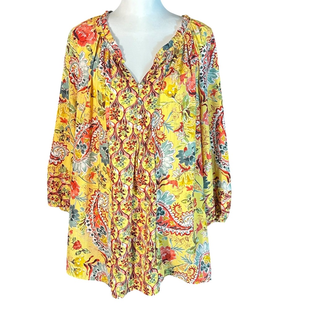 Fig and Flower Blouse Womens 3X Yellow Paisley Floral Metallic Boho Top‎